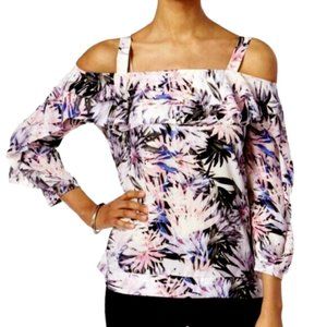 NYDJ Ruffled Cold Shoulder Top Pink Floral Womens Plus 2X NEW